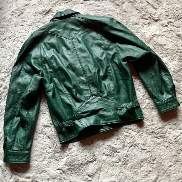 80s forest green vintage leather jacket, gathered waist, puff shoulders no size - Picture 5 of 12